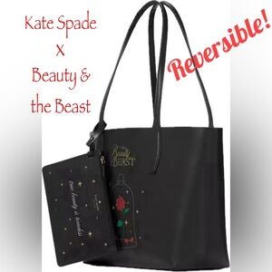 DISNEY X KATE SPADE BEAUTY AND THE BEAST REVERSIBLE LEATHER TOTE BAG w/WRISTLET!